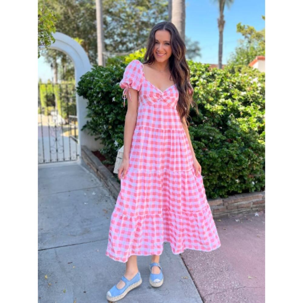 ENGLISH FACTORY Gingham Knot Tiered Midi Dress - Picture 2 of 6